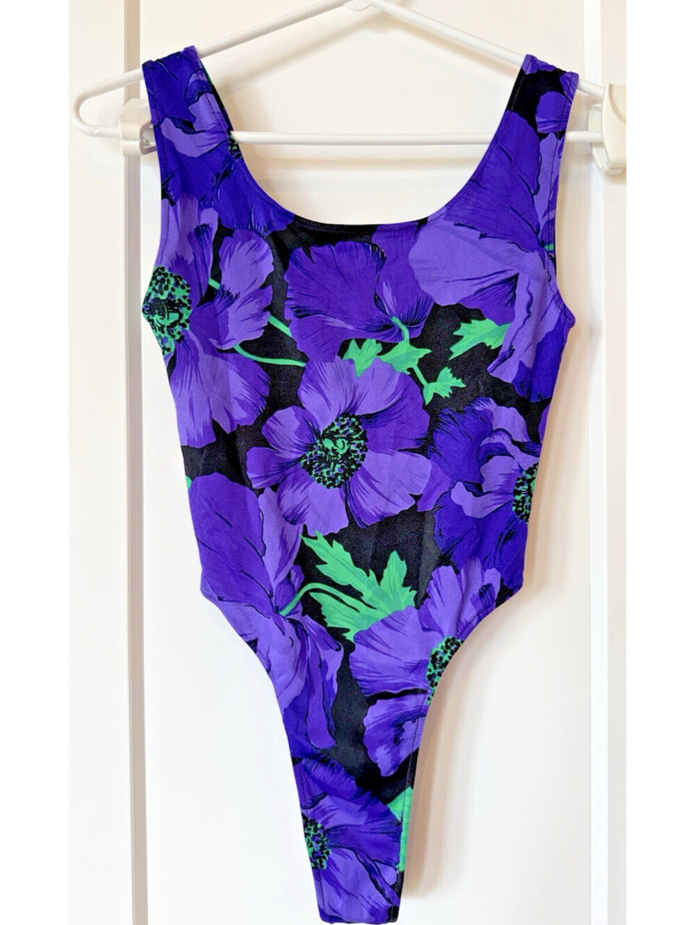 Vtg 80s 90s One Piece Swimsuit Womens Purple Floral Bathing Suit Thong High Cut